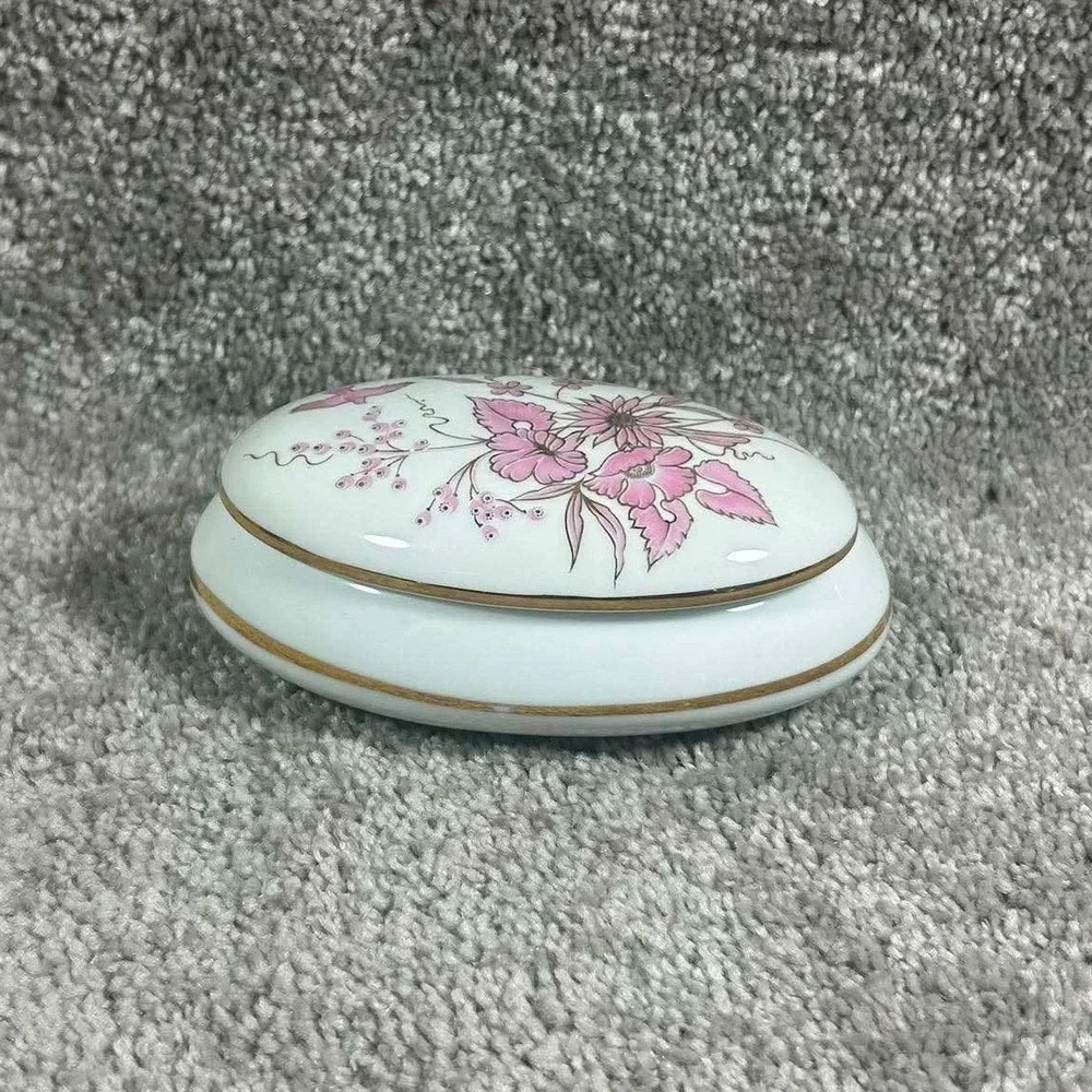 Reutter Porzellan Trinket Box White Pink Floral Bird Gold‎ Trim W Germany OS